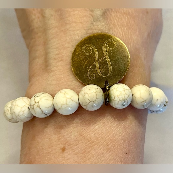 Gemstone bead elastic bracelet w/ A initial charm jewelry - Picture 1 of 16